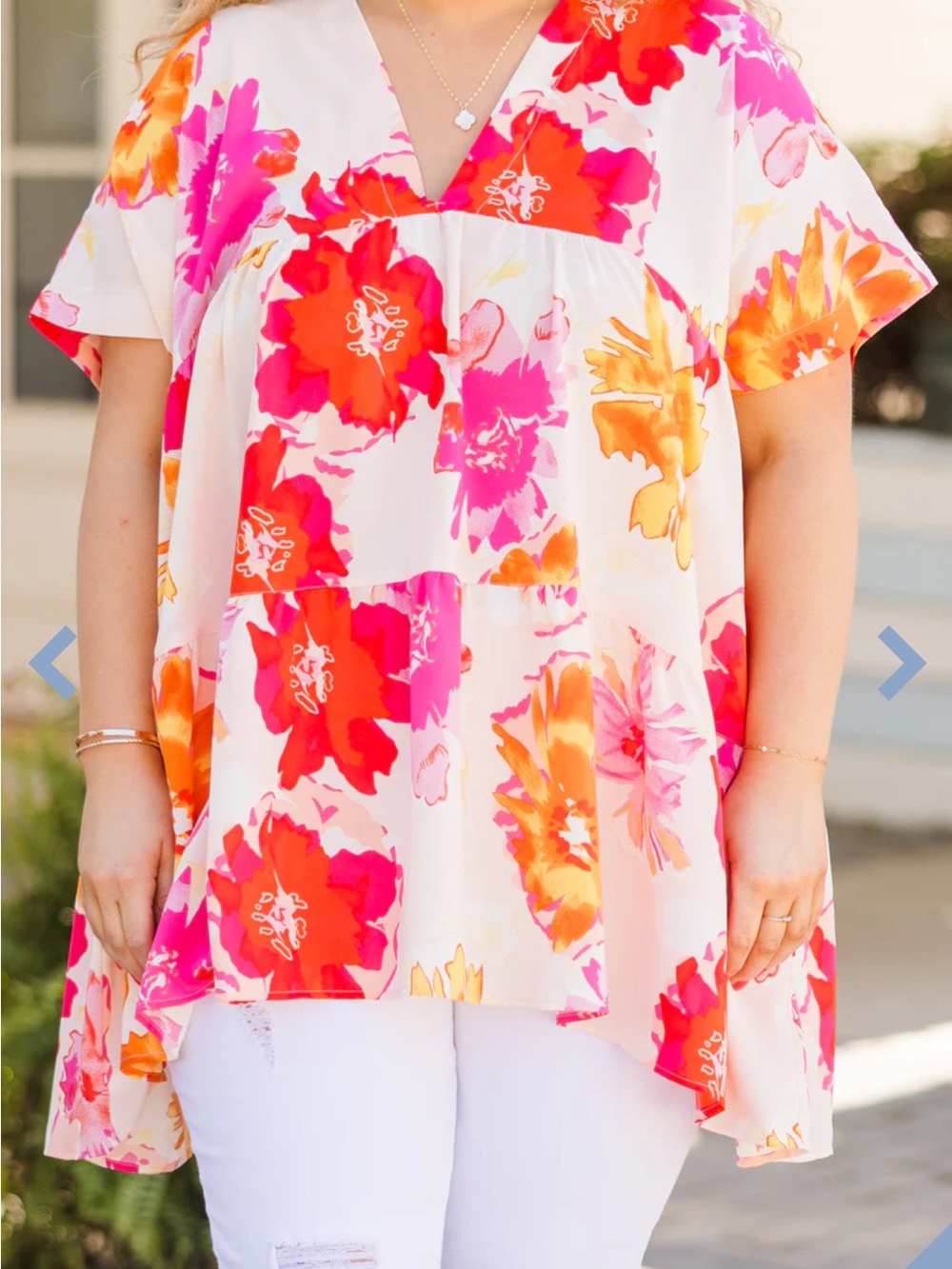 NWOT Chic Soul Floral V-Neck Tunic in Pink, Orange & Cream - Picture 2 of 7